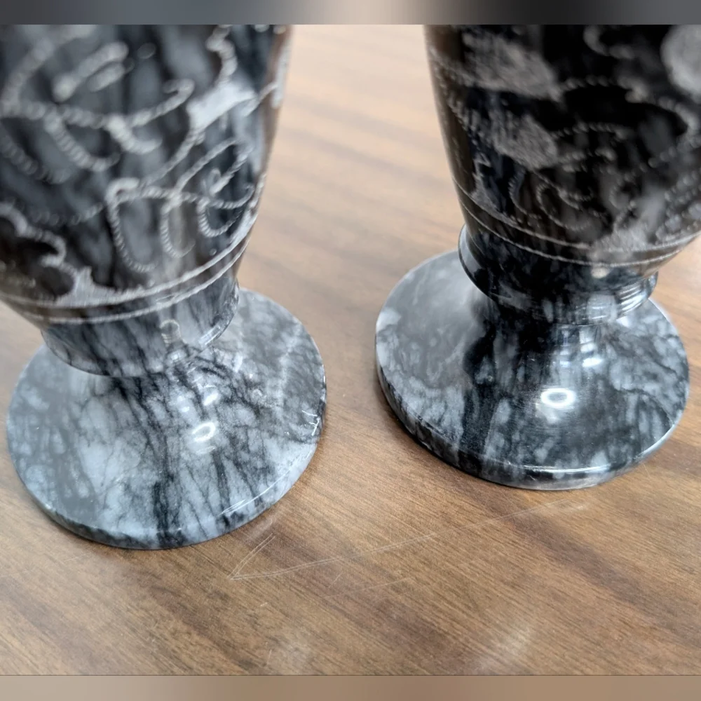 Pair Of Black & Gray Quartz Vained Marble Floral Etched Footed Vases Solid Stone